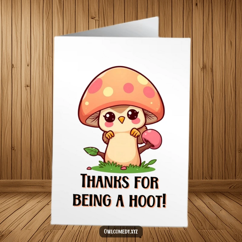Funny Free Printable Owl Thank You Card: Adorable Kawaii owl peeking from a mushroom, a sweet and humorous way to say thanks, downloadable.