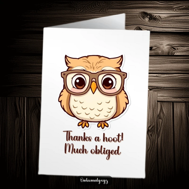 Funny Free Printable Thank You Card: Owl with oversized glasses, surprised and delighted expression, charming gratitude.