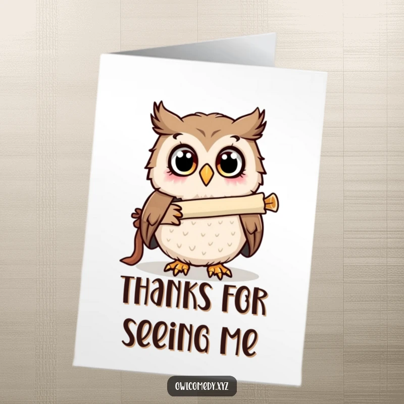 Funny Free Printable Thank You Card: A wide-eyed, surprised owl using a rolled-up scroll as a telescope.