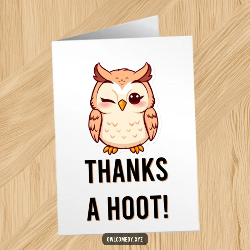 Funny free printable thank you card featuring a winking owl, conveying gratitude with a playful and humorous touch.