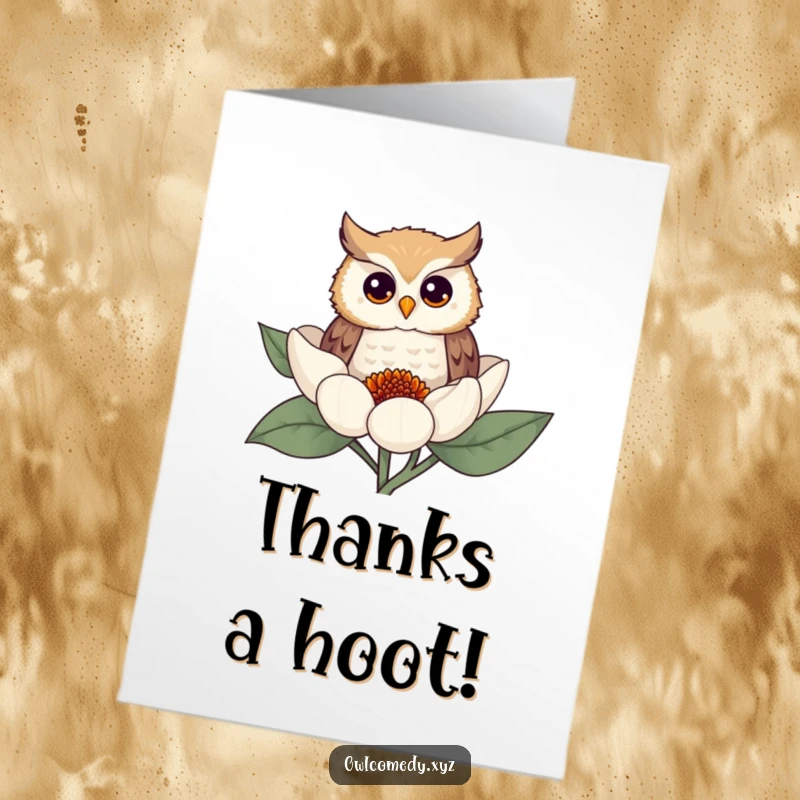 Funny Free Printable Thank You Card: Curious owl peeking from a flower, expressing thanks with a playful wink.