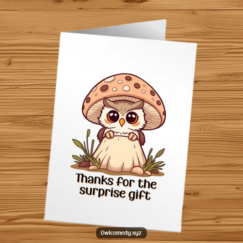 Free Printable Thank You Card: Curious kawaii owl peeking from behind a spotted mushroom, looking surprised with thanks.