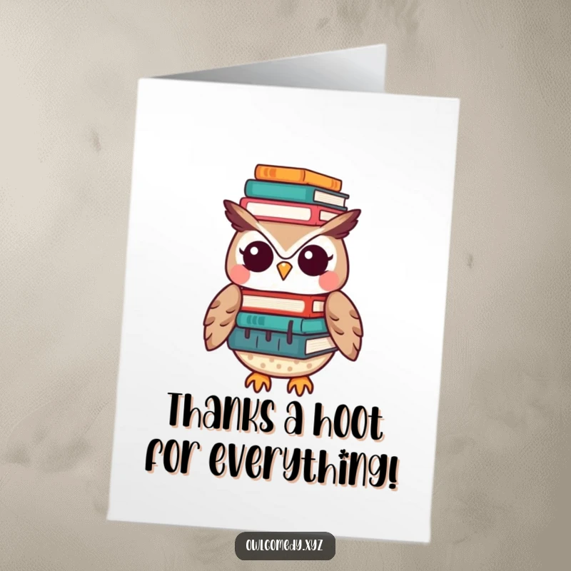 Funny Free Printable Thank You Card with a Kawaii owl struggling to keep a massive stack of books balanced on its head.