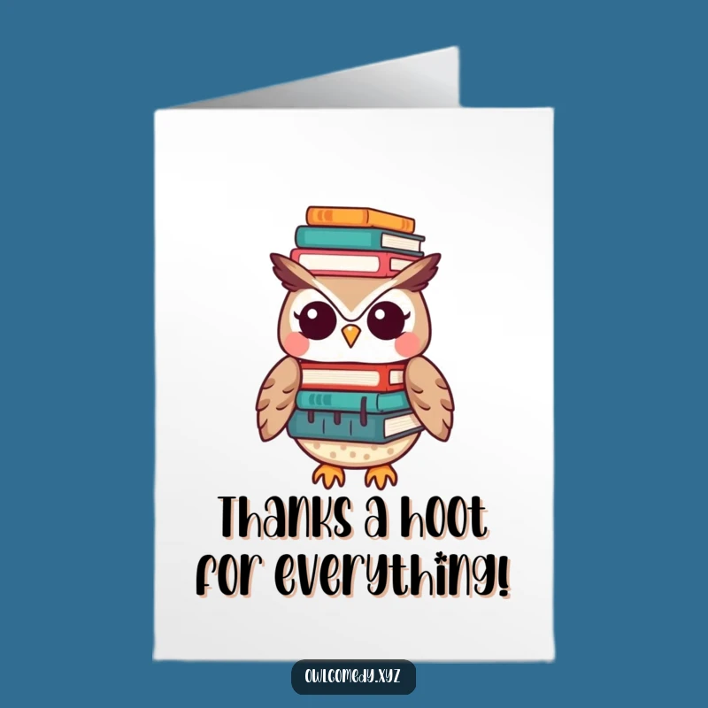 Free Printable Thank You Card: Hilarious Kawaii Owl Book Stack, Thoughtful Downloadable Gift Appreciating Effort