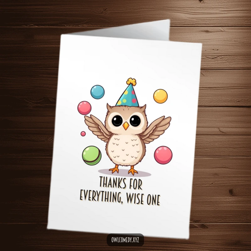 Funny Free Printable Thank You Card: A festive owl juggling colorful balls, offering a unique and amusing way to express thanks.
