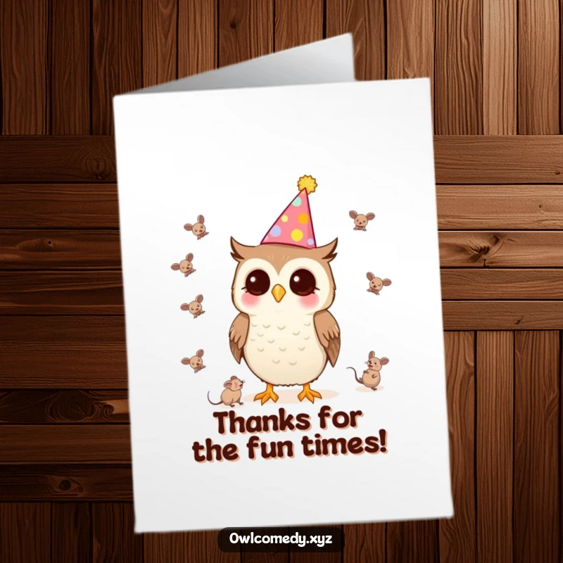 Funny Free Printable Thank You Card: A Kawaii owl in a party hat juggling small mice with flair.