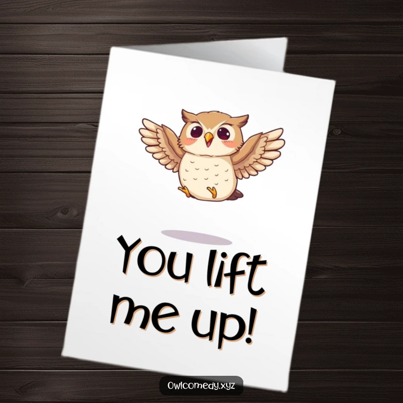 Funny Free Printable Thank You Card featuring a small owl enthusiastically flapping its wings mid-jump, conveying thanks with vivacity.