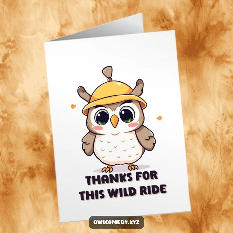 Delighted Free Printable Thank You Card of a kawaii owl with a propeller hat spinning wildly, looking surprised and happy.