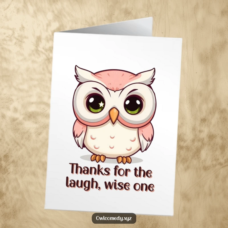 Funny Free Printable Thank You Card: A kawaii owl with a sparkling eye peeking from behind a comedy mask, expressing thanks playfully.