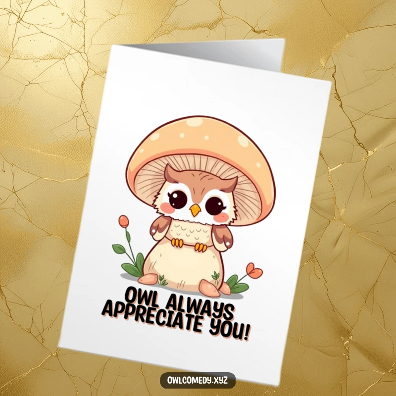 Funny Free Printable Thank You Card: A Kawaii owl peeking from behind a mushroom, winking, design.