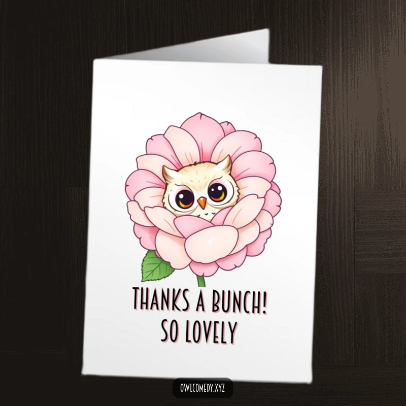 Funny Free Printable Thank You Card: Curious owl peeking from behind a vibrant flower, expressing thanks humorously, downloadable.