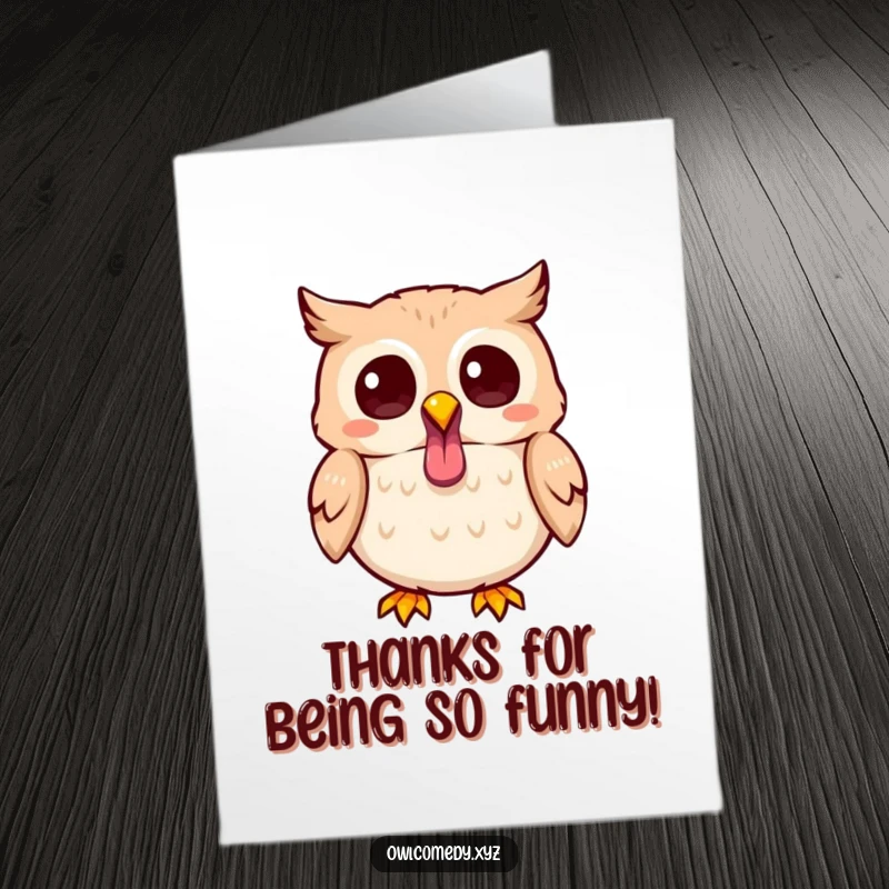 Funny Free Printable Thank You Card with a Kawaii owl playfully sticking its tongue out, exuding a cheeky and grateful vibe.