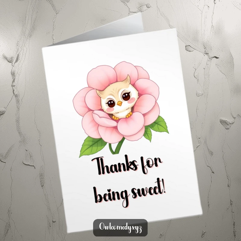 Funny Free Printable Thank You Card of a shy kawaii owl blushing and peeking out from behind a giant flower.