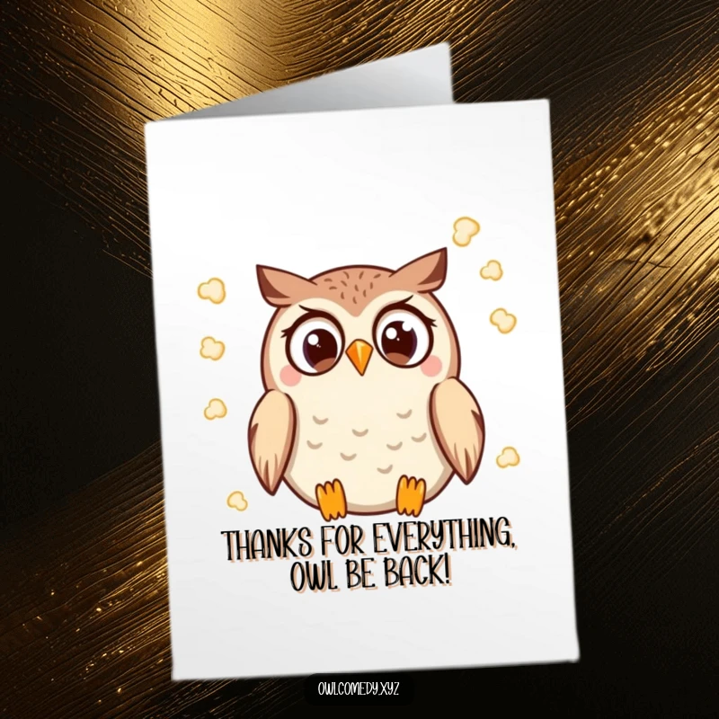 Funny Free Printable Thank You Card: A Kawaii owl with wide eyes dramatically throwing popcorn, saying thanks.