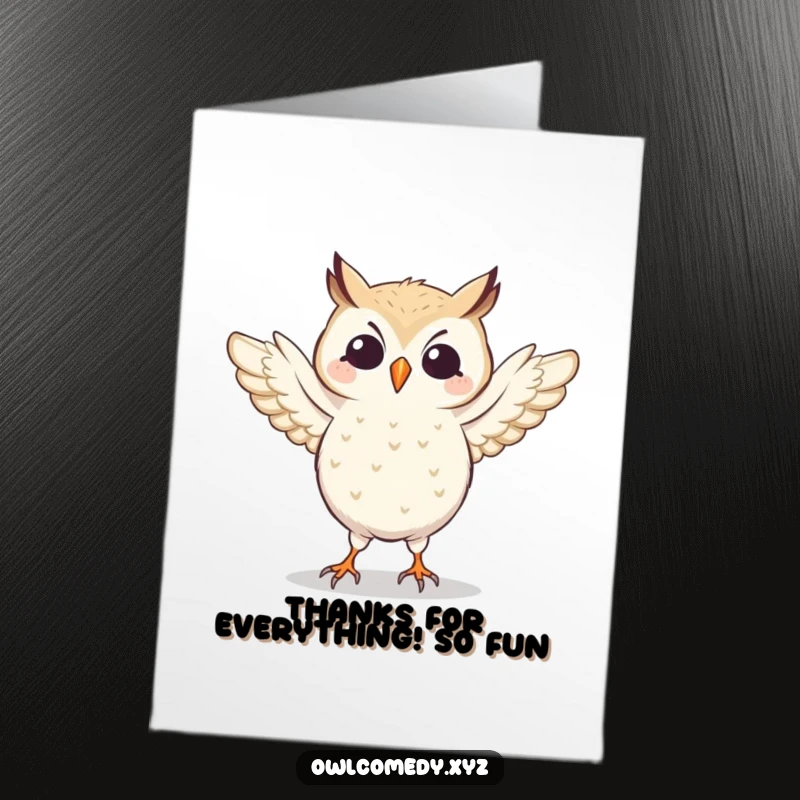 Funny Free Printable Thank You Card: Owl performing a silly dance, wings flapping, expressing thanks humorously, downloadable.