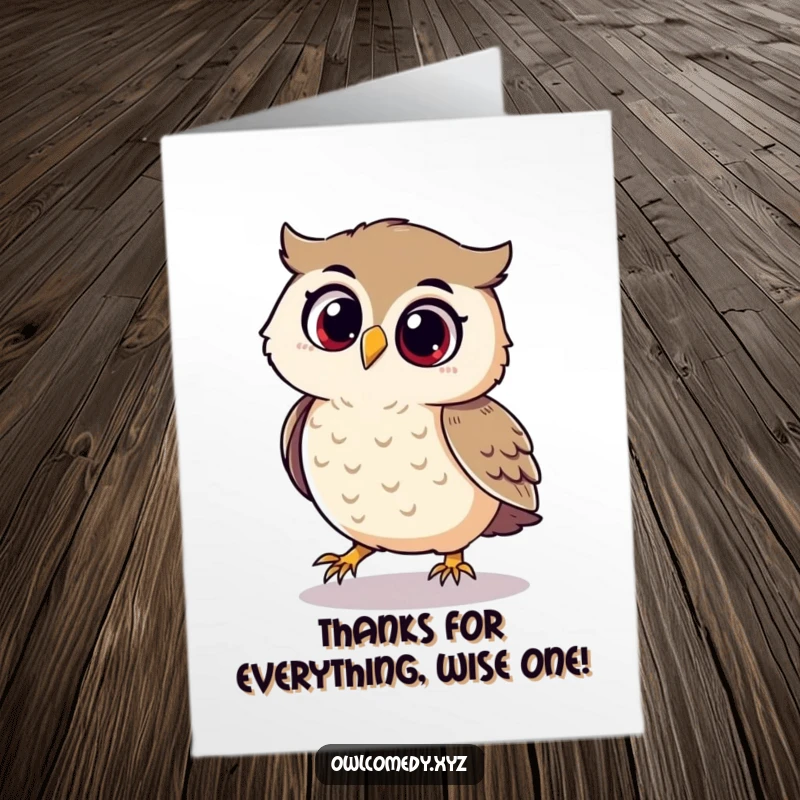 Funny Free Printable Thank You Card: A playful owl looks delighted as it chases its shadow, perfect downloadable art.