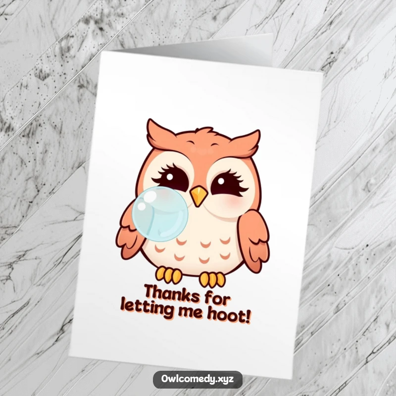 Funny Free Printable Thank You Card: Kawaii owl with puffed cheeks blowing a transparent bubble, cute.