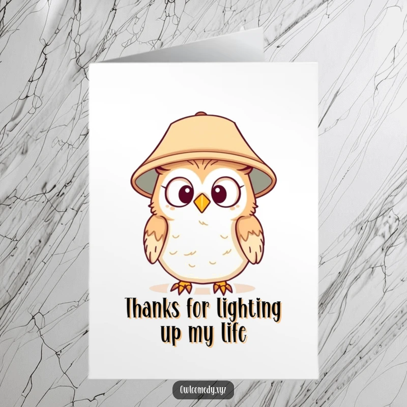 Funny Free Printable Thank You Card: Surprised owl with a lampshade hat, looking bewildered, a humorous way to share gratitude.
