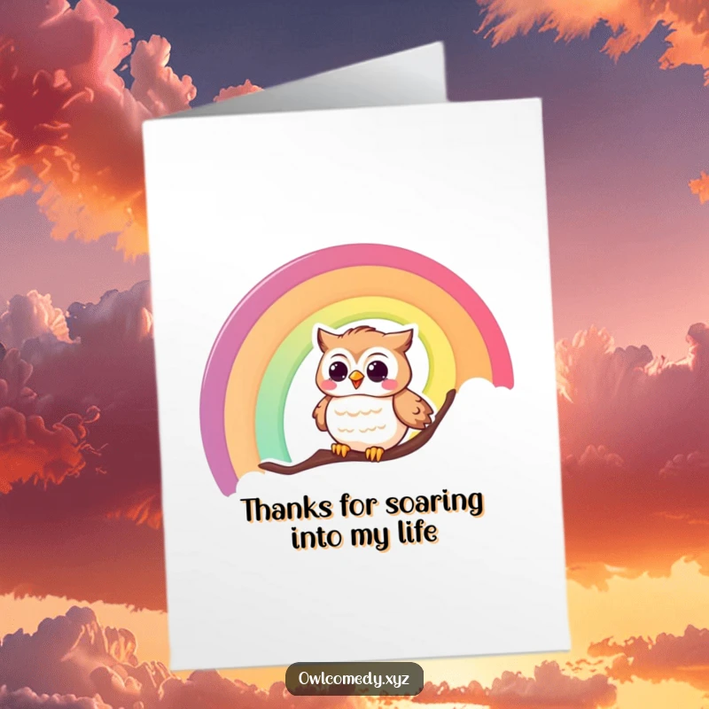 Funny Free Printable Thank You Card: A happy owl slides down a rainbow, conveying thanks with a giggle.