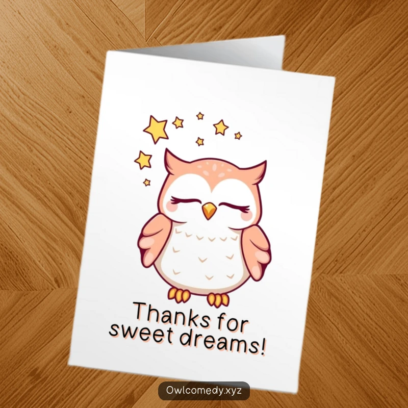 Funny Free Printable Thank You Card of a dreaming kawaii owl surrounded by a swirl of stars, conveying calm thanks.
