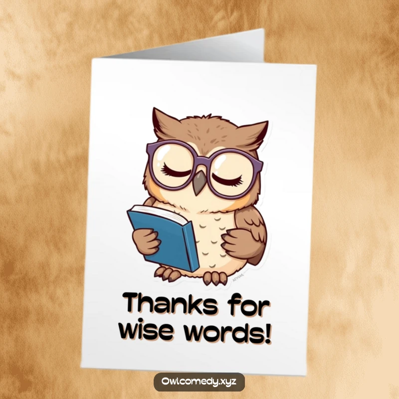Funny free printable thank you card featuring a sleepy owl wearing large glasses while reading a tiny book.