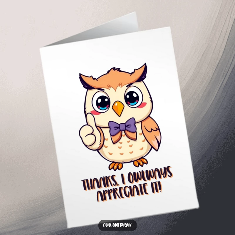 Funny Free Printable Thank You Card: A smiling owl dressed in a bow tie, giving a clear thumbs up of approval.