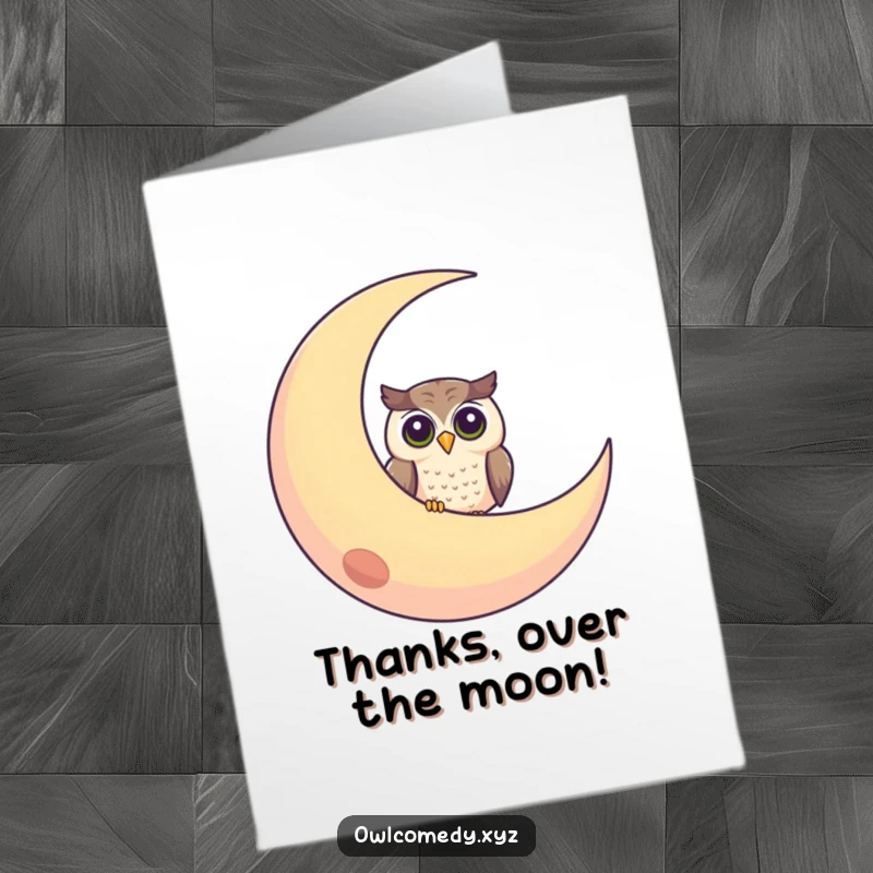 Funny Free Printable Thank You Card: A cute owl peeking out from behind a friendly, smiling crescent moon, conveying warm thanks.