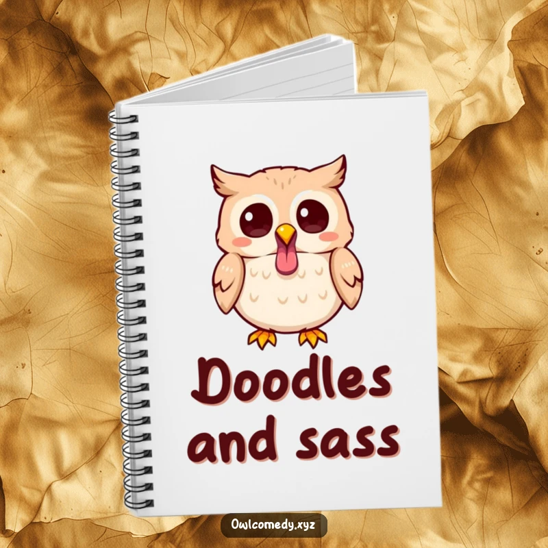 Funny Kawaii owl notebook with a cover depicting a cute owl sticking its tongue out playfully, perfect for note-taking.