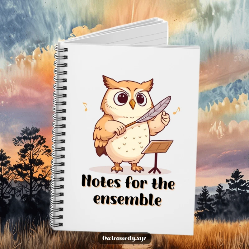 Funny owl conducting an orchestra with a feather baton on a notebook, encouraging creative thoughts.