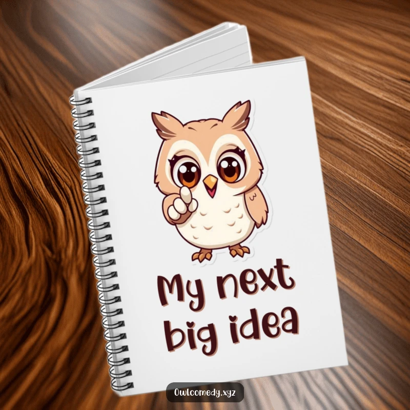 Funny notebook with a cover image of an excited owl with wide eyes, pointing forward, perfect for notes and plans.