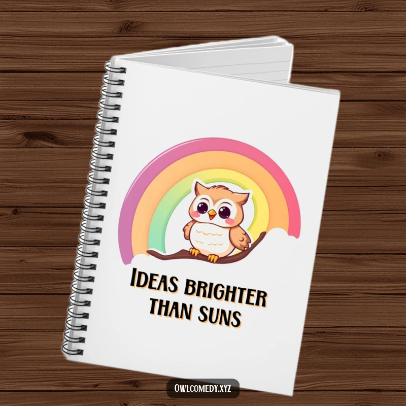 Funny notebook cover with a giggling owl joyfully sliding down a colorful rainbow, perfect for jotting down notes.