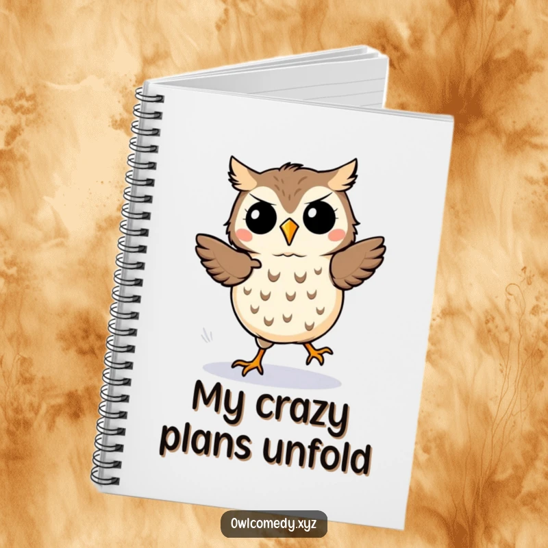 Funny kawaii owl notebook cover, an owl doing a happy jig with motion lines, ready for your notes.
