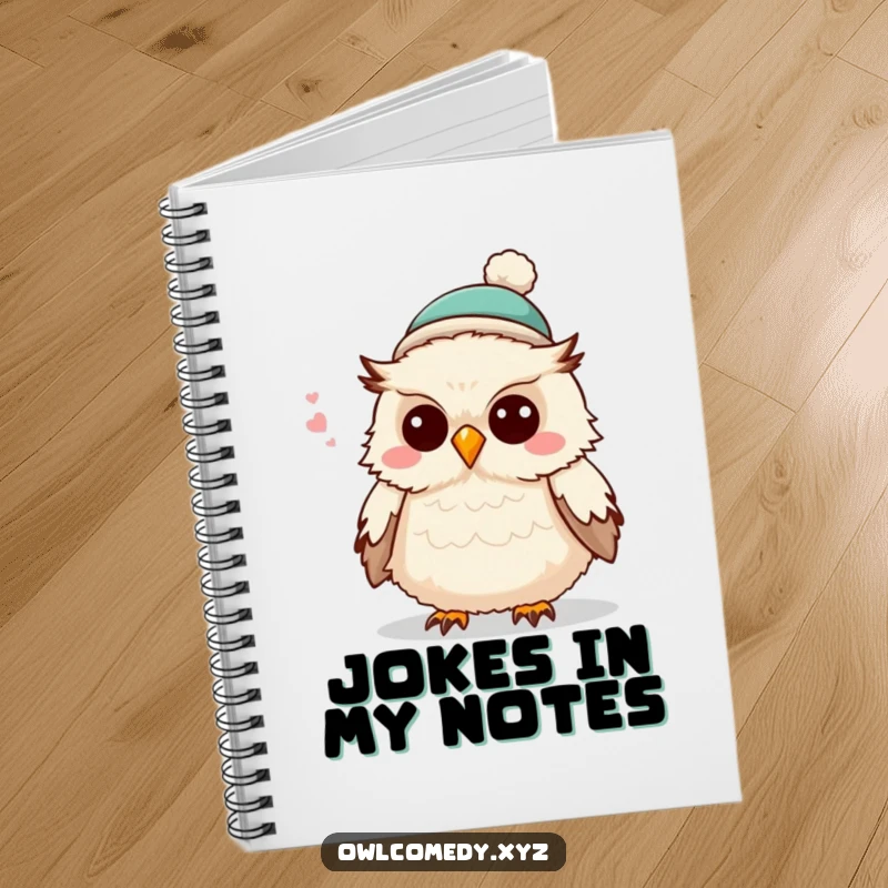 Funny fluffy owl wearing a small hat, telling a joke, inspiring wit on the cover of this fun and humorous notebook.