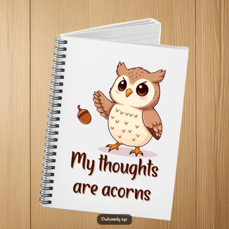Funny notebook with a cover image of a playful owl juggling acorns with its talons, perfect for notes and sketches.