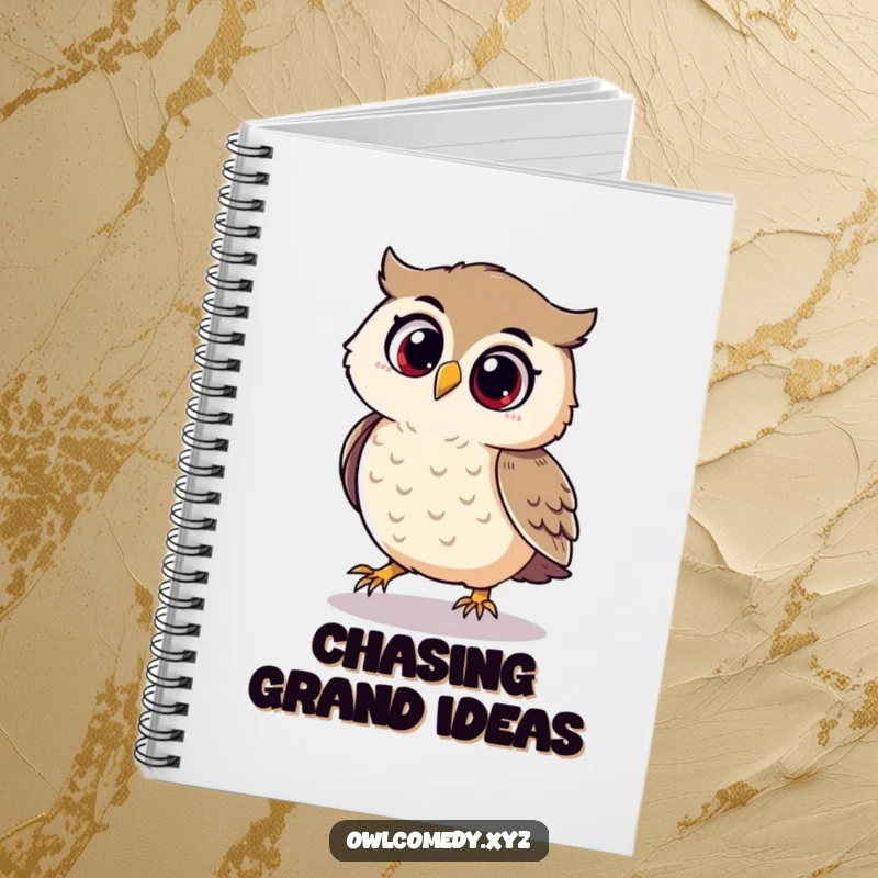 Funny notebook with a playful owl looking delighted while chasing its shadow, ready to jot ideas.