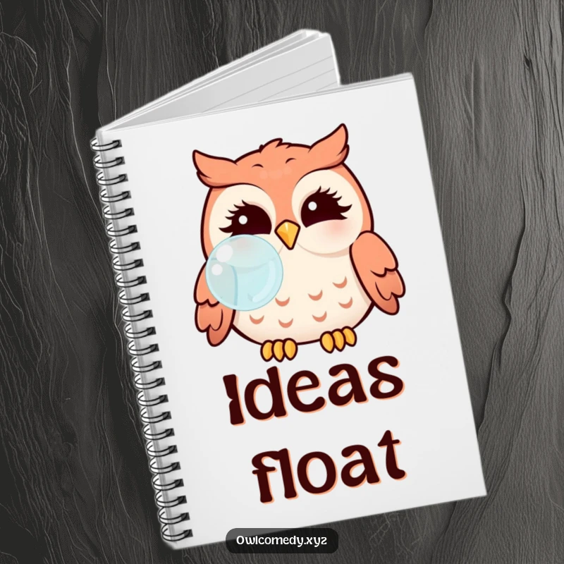 Funny Kawaii owl with puffed cheeks blowing a bubble on the cover of a notebook.