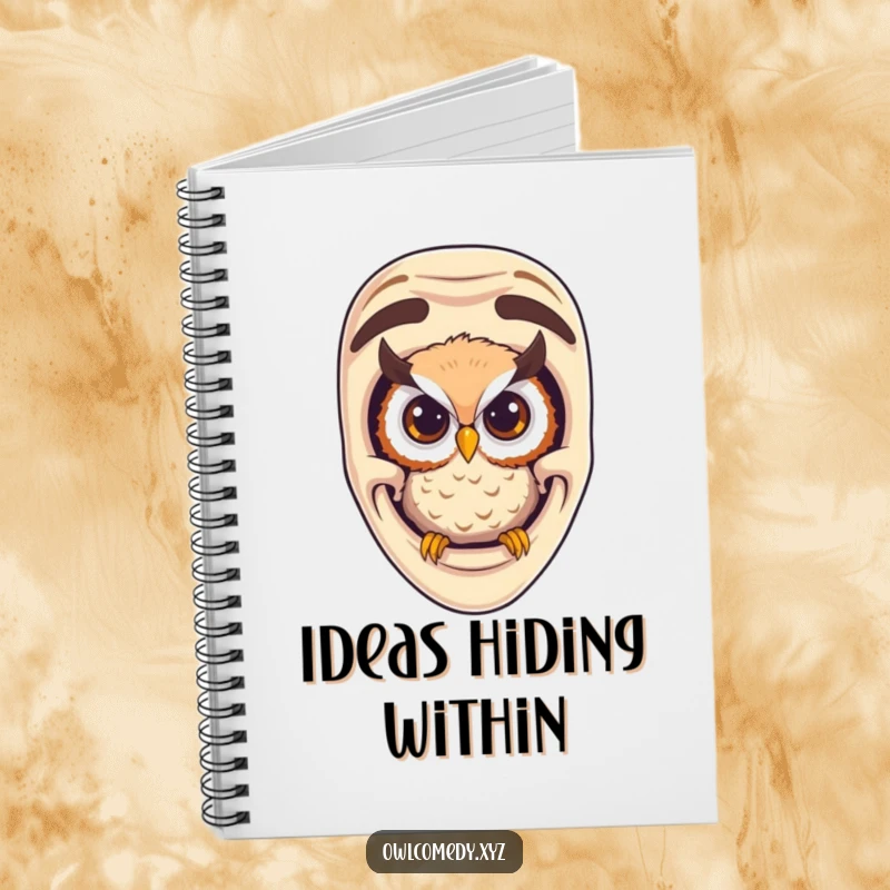 Funny curious owl peeking from a comedy mask on a notebook, encouraging witty writing and journaling.
