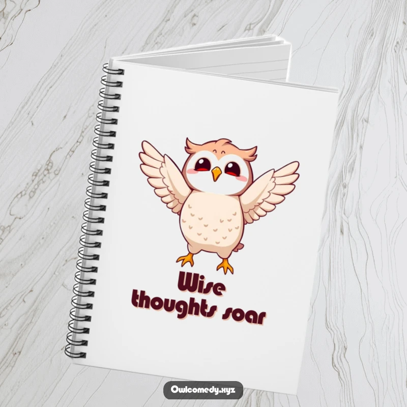 Funny Kawaii owl notebook with a character joyfully flapping its wings, ideal for journaling and note-taking.