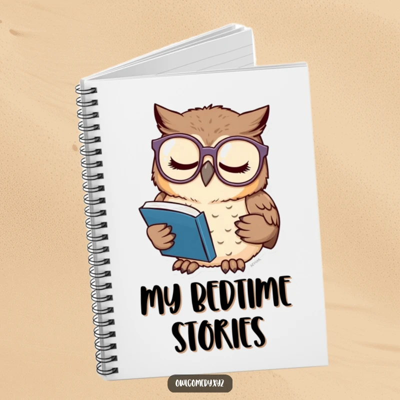 Funny notebook cover with a sleepy owl wearing oversized glasses, engrossed in a tiny book, designed for peaceful journaling.