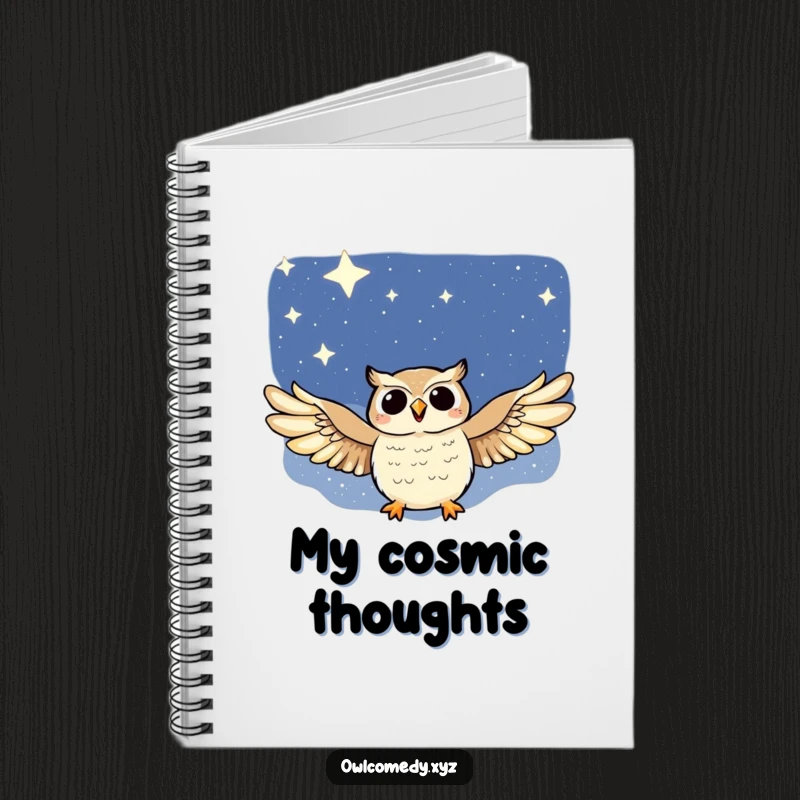 Funny notebook with a celestial cover illustration of a joyful owl with outstretched wings soaring through a starry night sky.