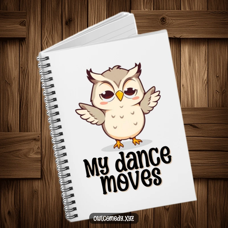 Funny Kawaii Owl Notebook with a goofy grin, doing a silly dance, ideal for dance-related notes.
