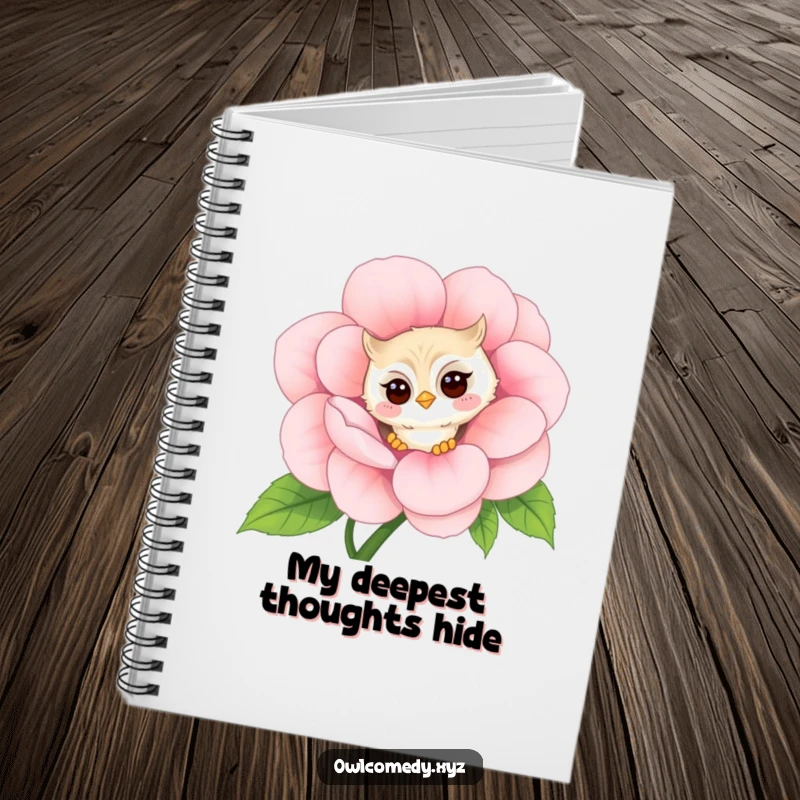 Funny shy kawaii owl notebook, peeking around a giant flower with a faint blush, a humorous diary for notes and ideas.