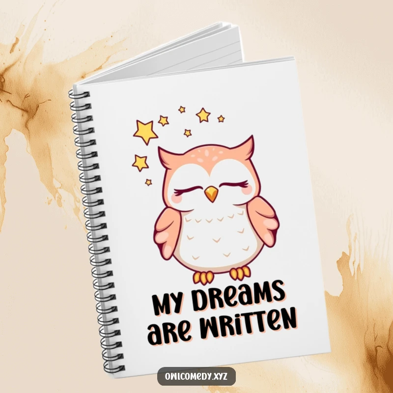 Funny dreaming kawaii owl notebook, with closed eyes and a swirl of stars above its head, a humorous diary for notes and dreams.