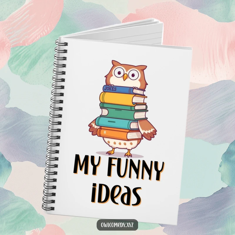 Funny owl balancing joke books on its head on a notebook cover, perfect for journaling comedic thoughts.