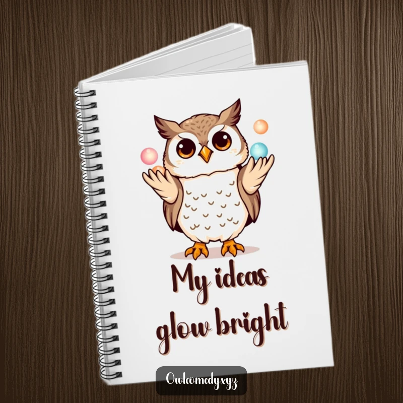 Funny kawaii owl notebook, playfully juggling three miniature glowing orbs with its talons, a humorous diary for notes and ideas.