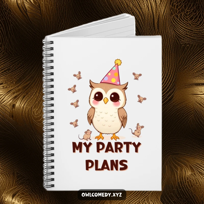 Funny Kawaii Owl Notebook with a party hat, juggling tiny mice, ideal for party planning notes.