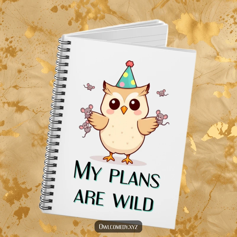 Funny Kawaii owl notebook with a party hat and juggling mice, encouraging creative writing with a humorous and cute design, great for gifts.