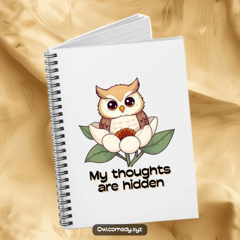 Funny owl notebook with a curious owl peeking from behind a flower, designed for jotting down notes with a touch of humor.