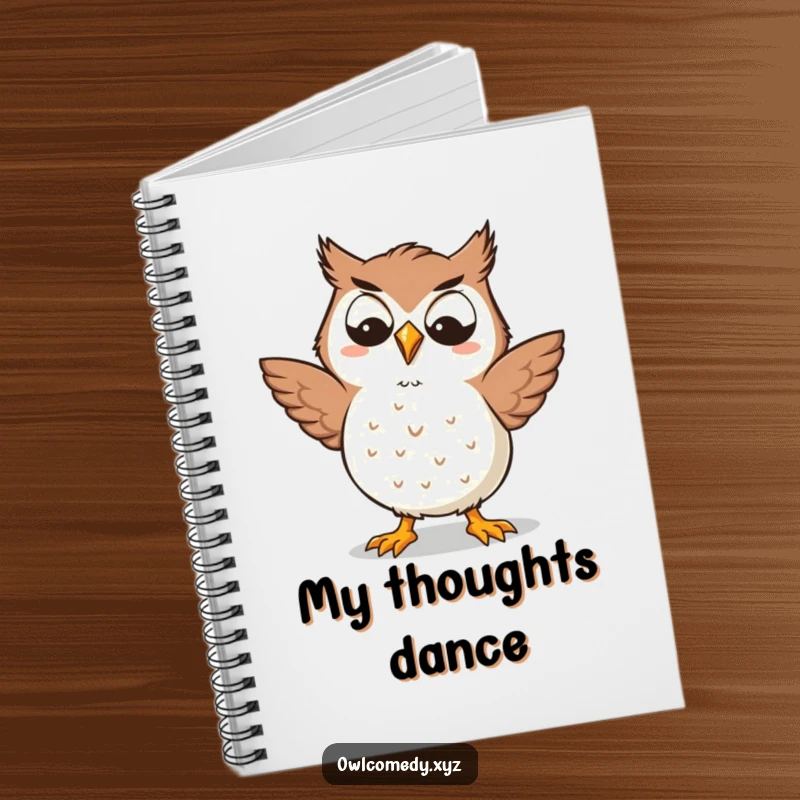 Funny Kawaii owl notebook with a goofy grin, doing a silly dance, encouraging creative writing with a humorous and cute design, great for gifts.