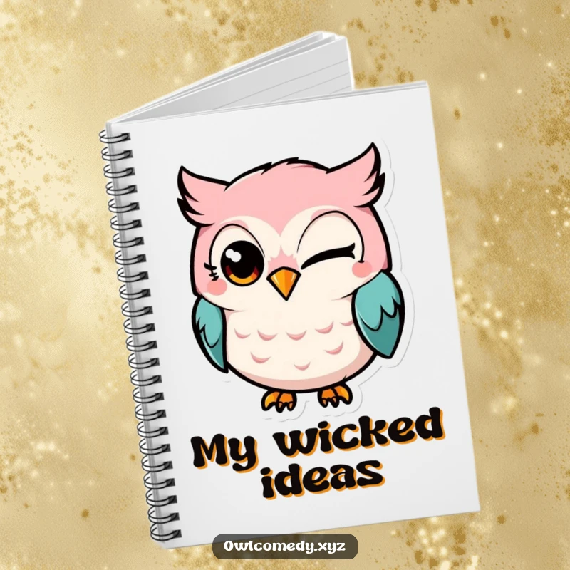 Funny Kawaii owl notebook, owl winking mischievously, lined pages, journaling, playful stationery, humorous.